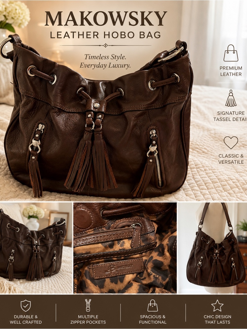 b. makowsky Brown Leather Tassel Shoulder Bag